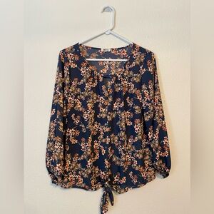 West K - Floral Navy Blouse with Tie Front -Large